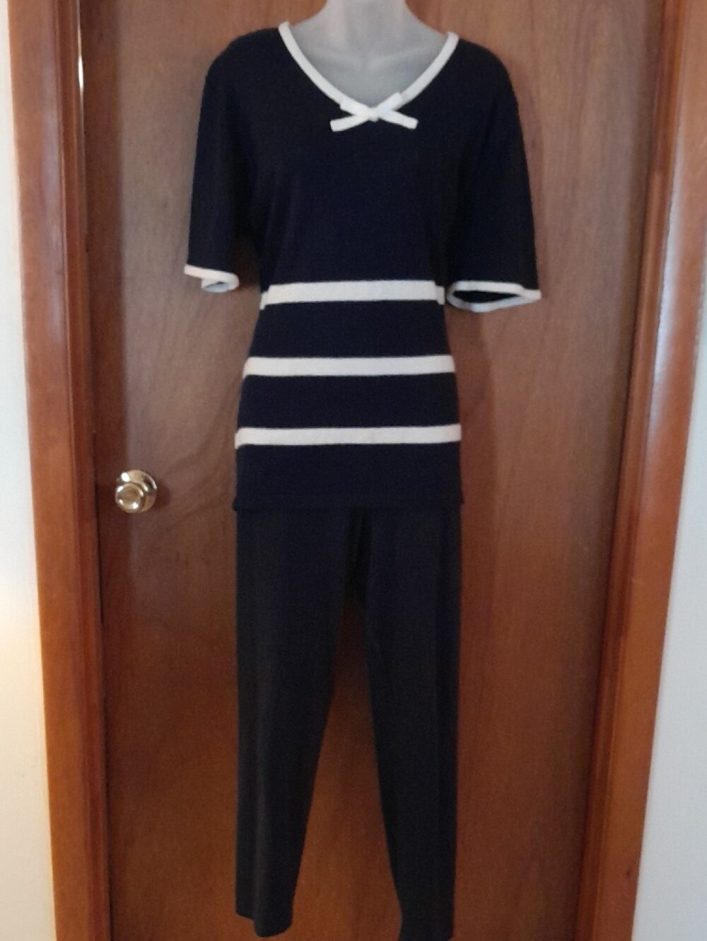Vintage Classic Navy Blue and White Striped Women's Top